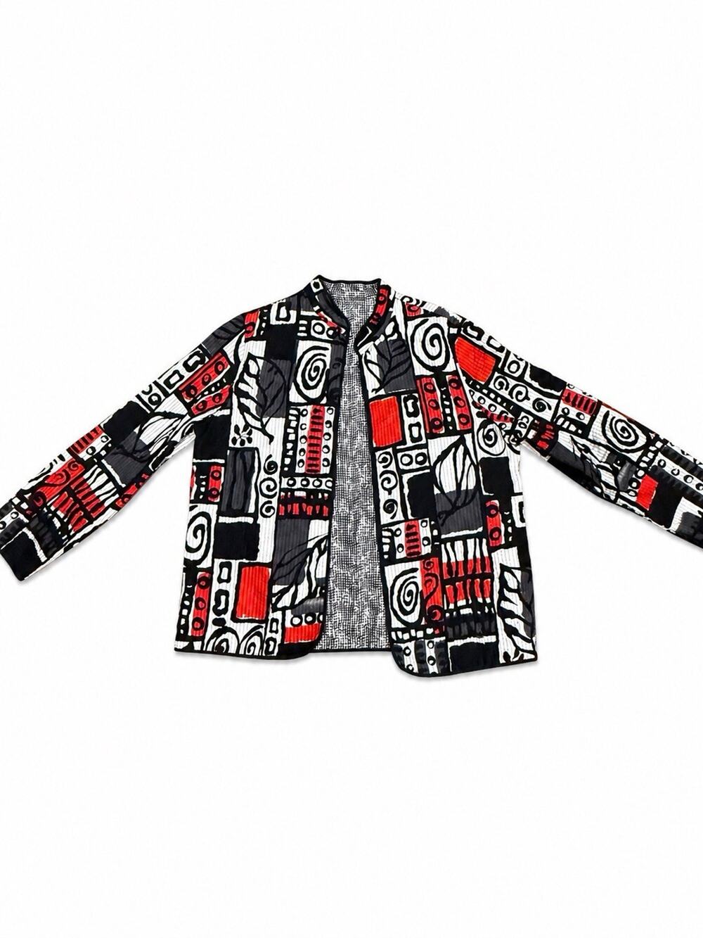 Women’s Abstract Print Open Front Textured Jacket Black Red White Size L
